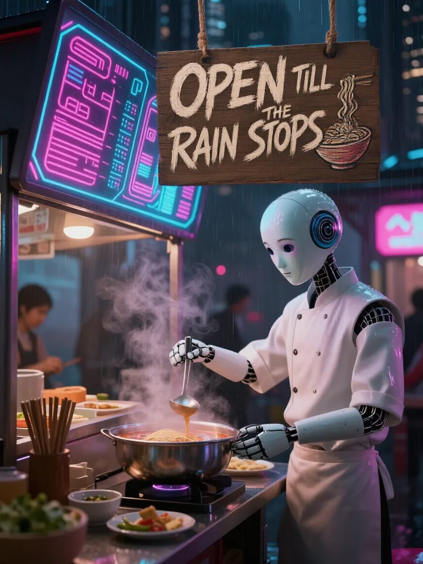 The android noodle stall with a hand-painted wooden sign added above it reading OPEN TILL THE RAIN STOPS.