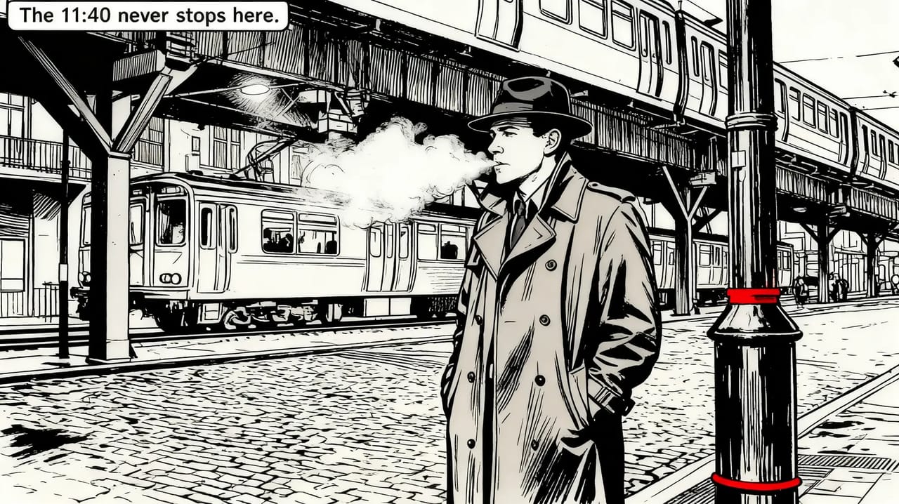 Graphic-novel ink drawing of the man in a trench coat under the elevated railway, a red band on the lamppost and a caption reading “The 11:40 never stops here.”