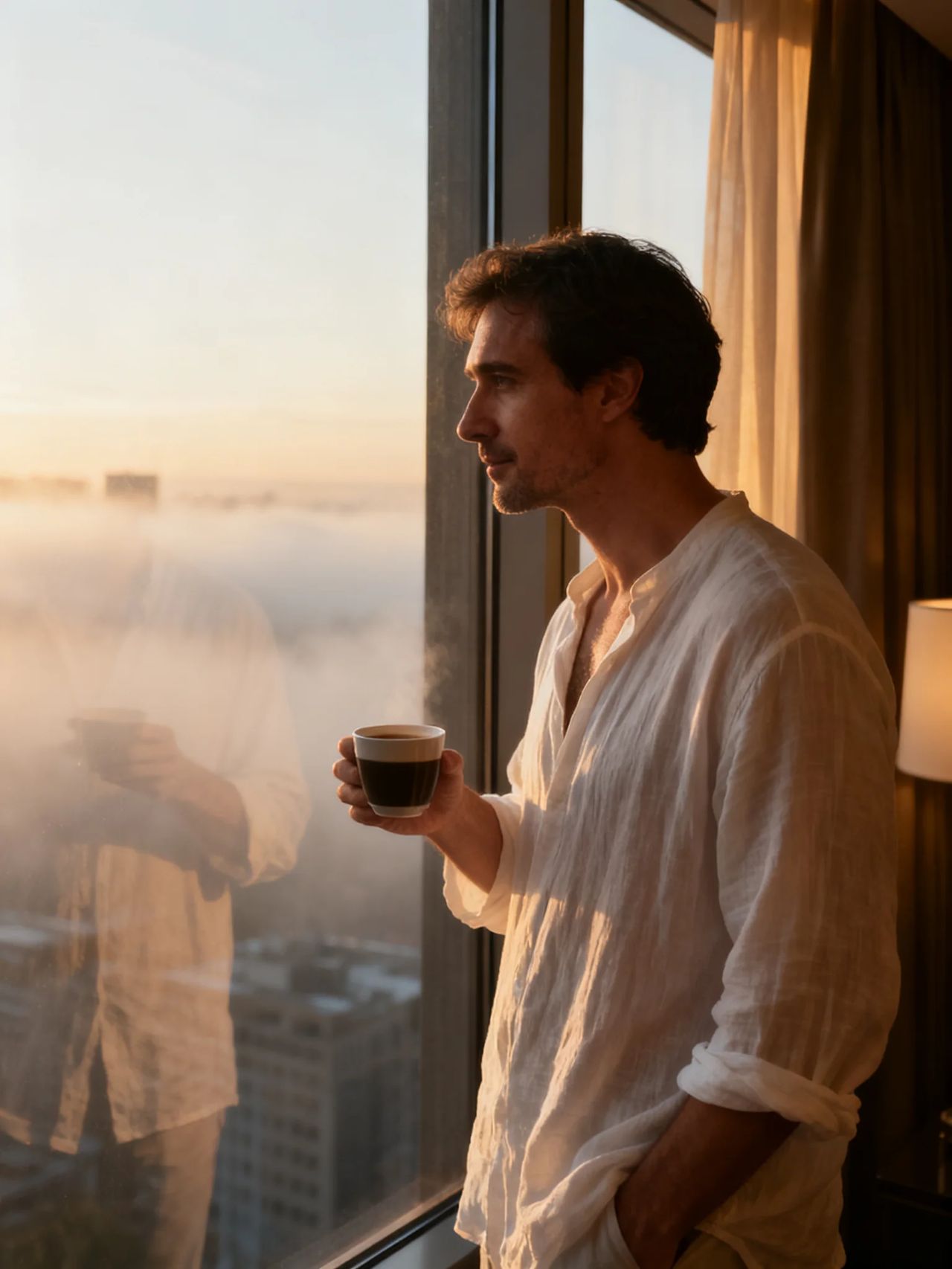 A man in a loose white linen shirt holds a coffee cup at a tall hotel window at dawn, city fog outside and his reflection in the glass.