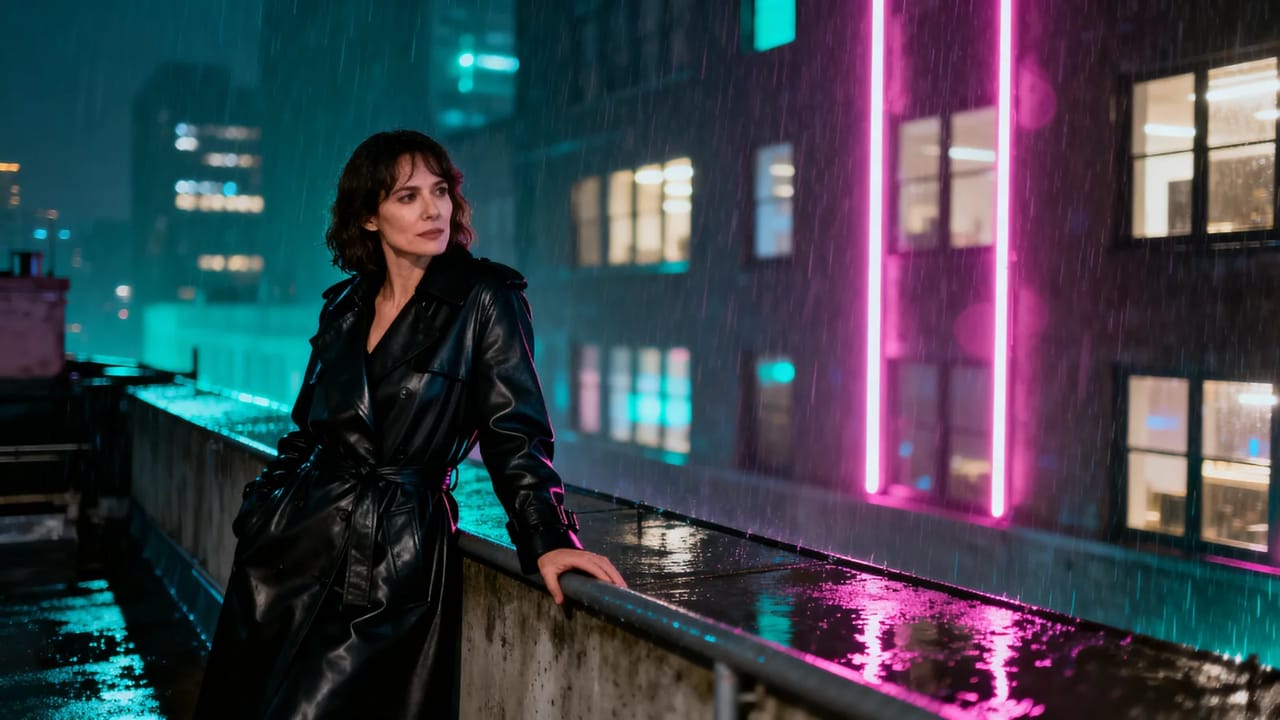 A woman in a black leather trench coat leans on a wet rooftop railing at night, magenta neon and lit windows behind her.
