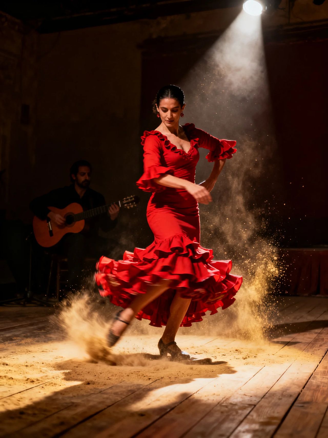 Una ballerina di flamenco in abito rosso a balze volteggia su un palco di legno polveroso sotto l’occhio di bue, con un chitarrista nell’ombra alle sue spalle.