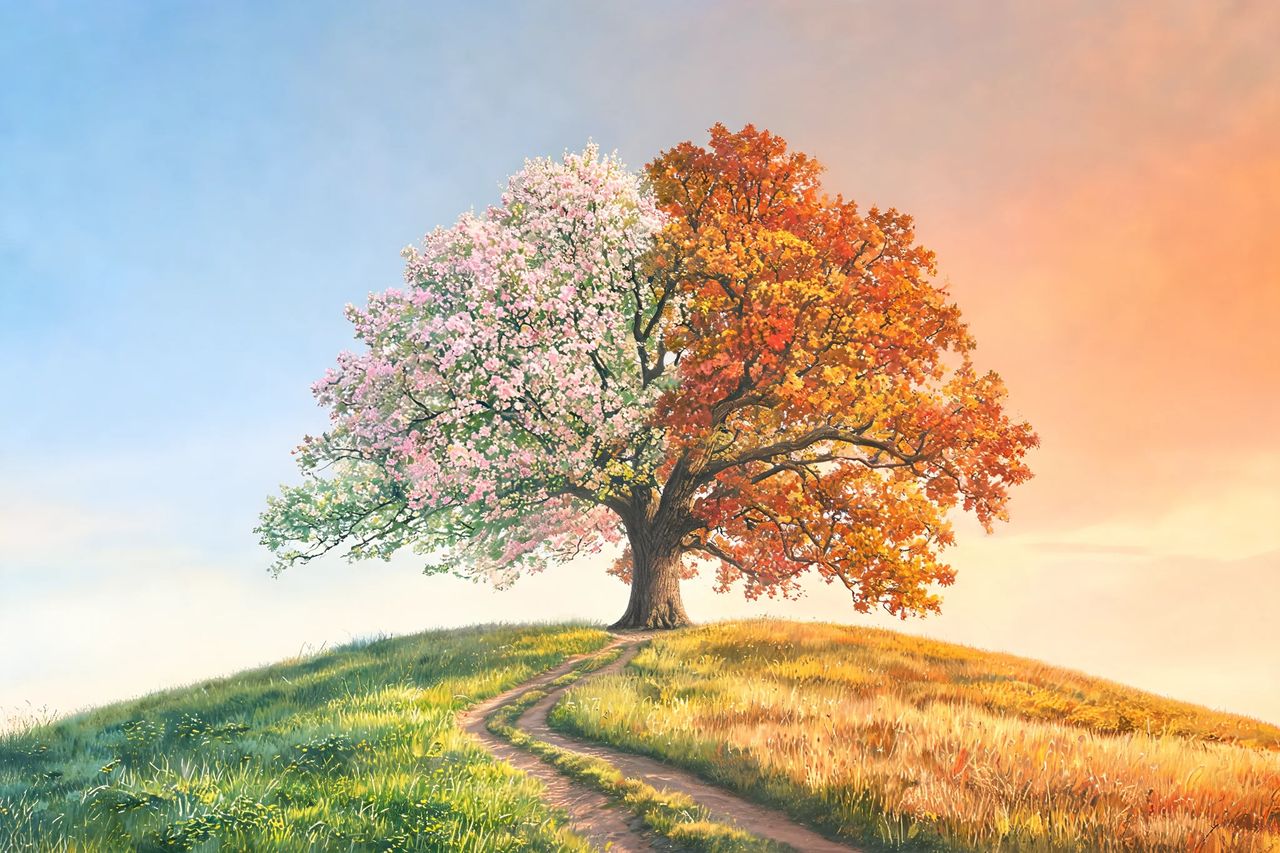Una quercia solitaria su una collina verde divisa a metà: a sinistra i fiori rosa della primavera, a destra le foglie d’autunno accese sotto un tramonto.