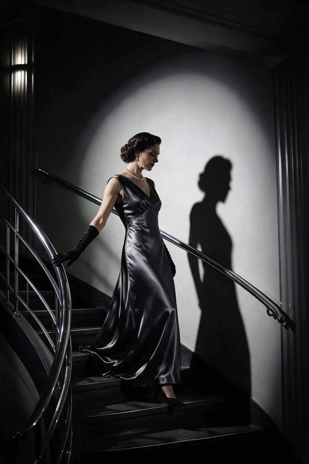 A woman in a floor-length satin gown and long gloves descends a curved art deco staircase, her shadow cast large on the wall.