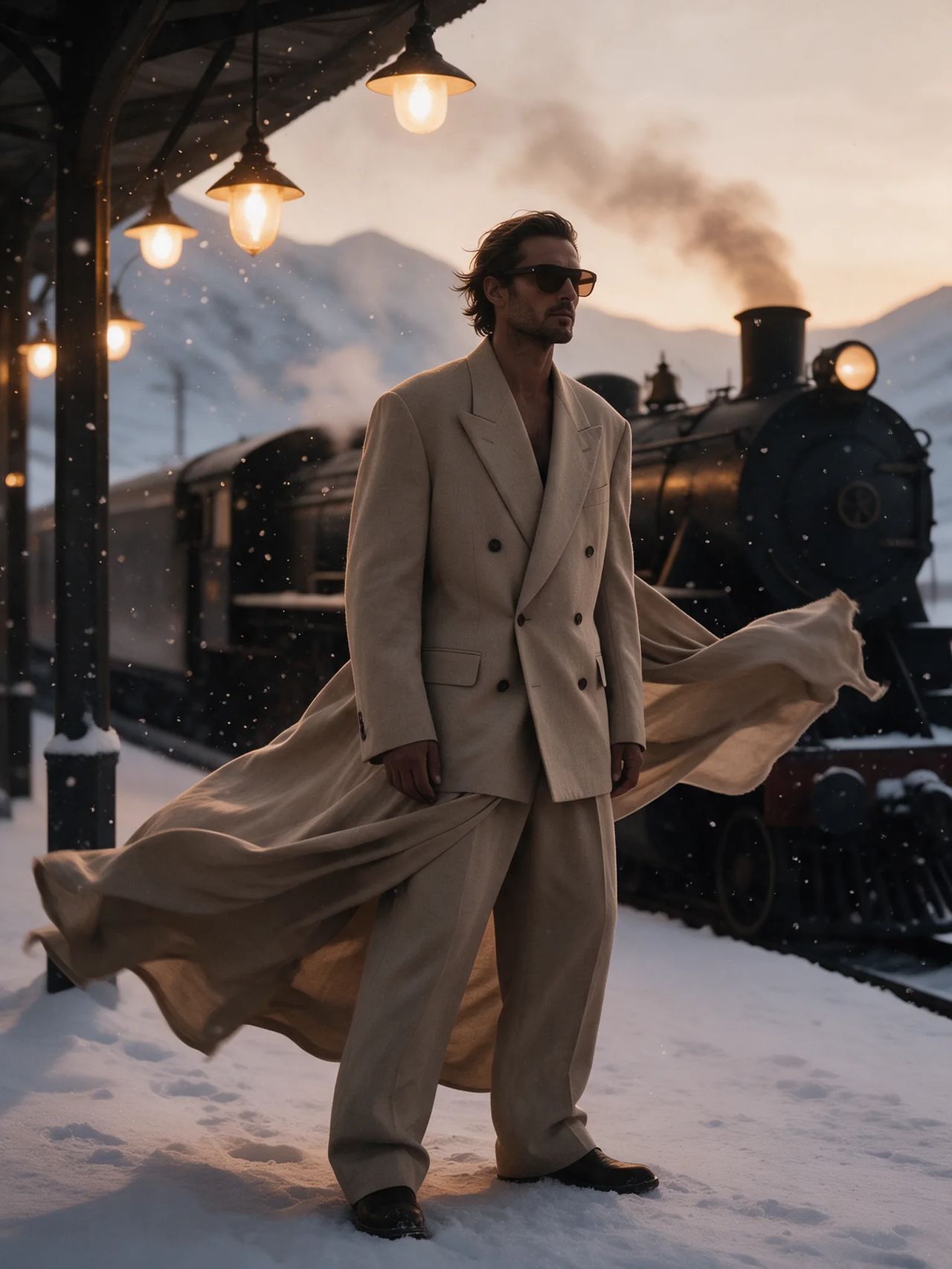 The same man in a sand-coloured suit on a snowy mountain railway platform, a steam locomotive and hanging lamps behind him.