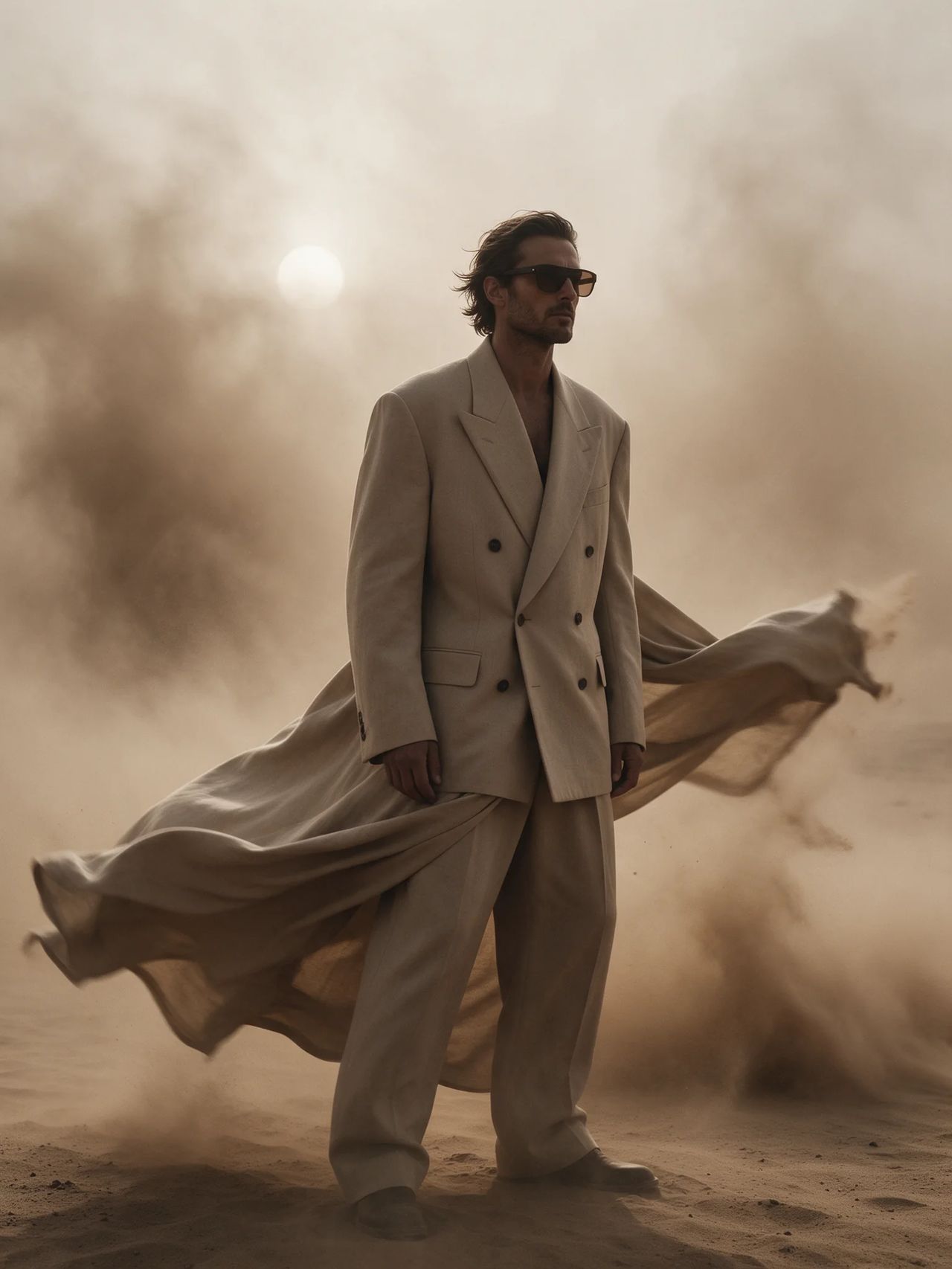 A man in an oversized sand-coloured double-breasted suit and dark glasses stands in a desert dust storm, fabric whipping behind him.