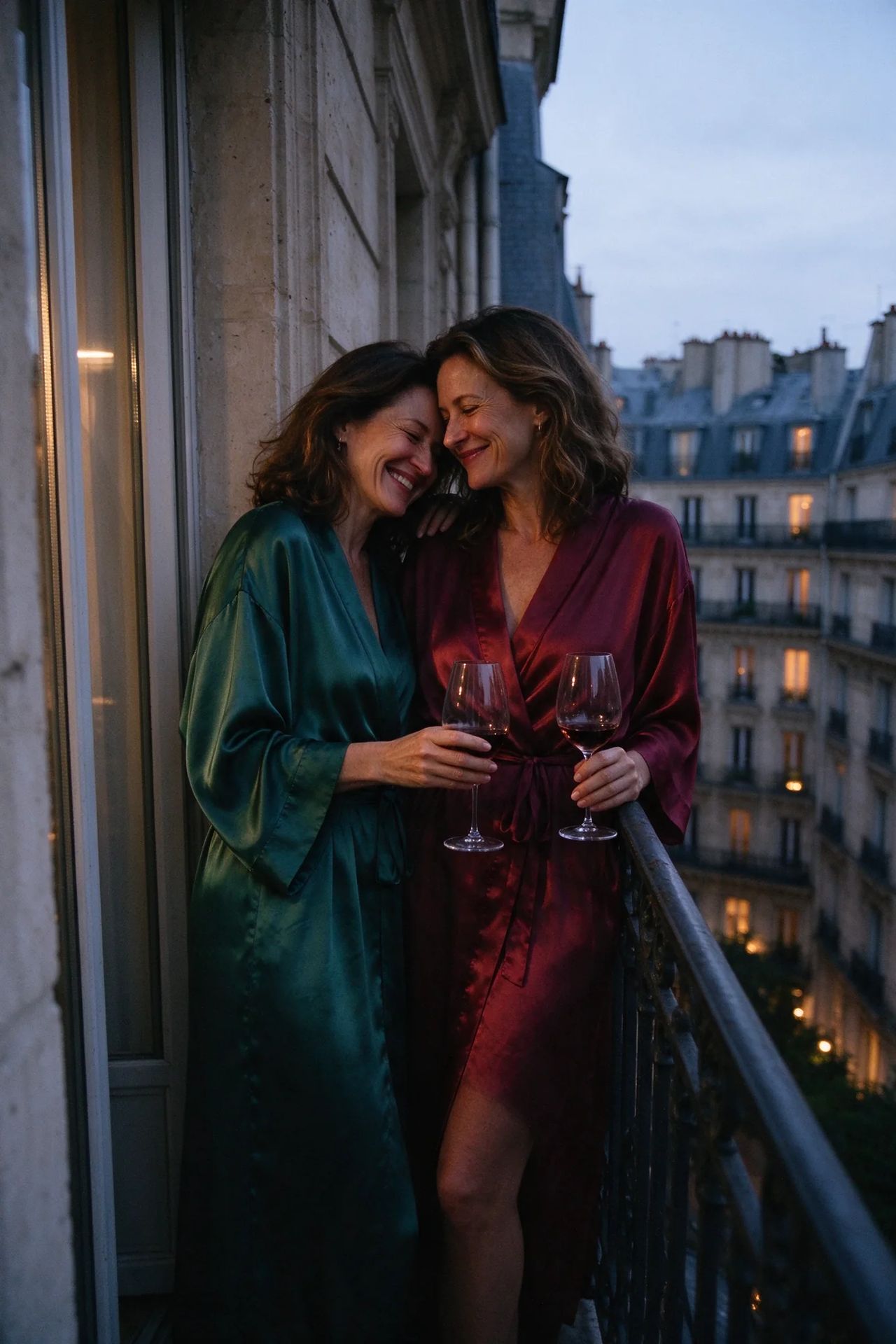 Two women smile at each other on a narrow Paris balcony, one resting her head on the other's shoulder, a red wine glass on the wrought-iron railing at blue hour.