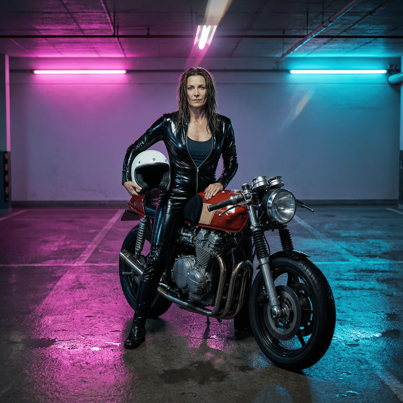 A woman in a glossy black leather catsuit unzipped over a dark tank top sits on a cafe racer in a neon-washed underground garage, helmet under one arm, wet concrete reflecting magenta and cyan.