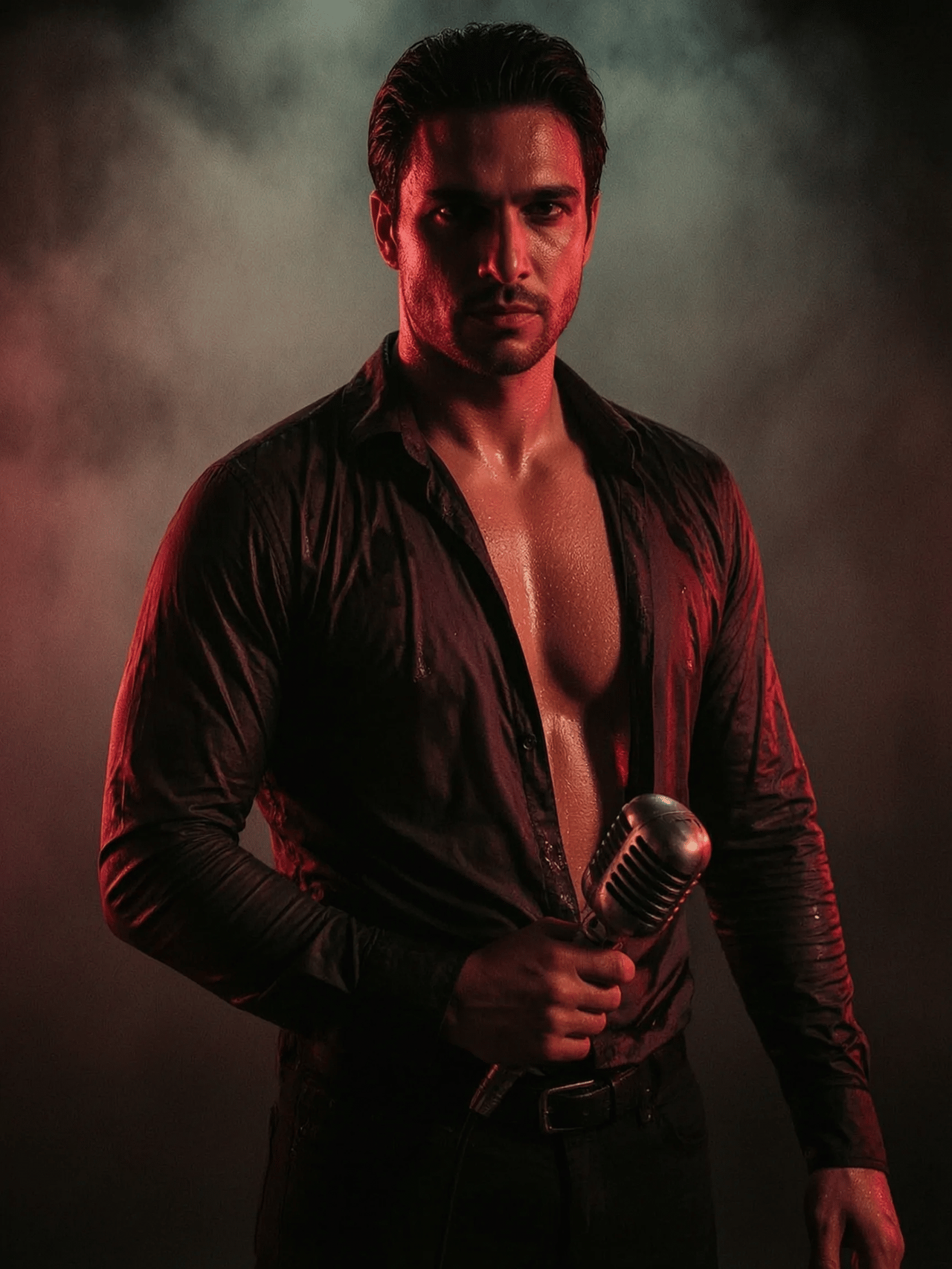 A singer in a wet, open dark shirt holds a vintage microphone in deep red side light and stage haze.