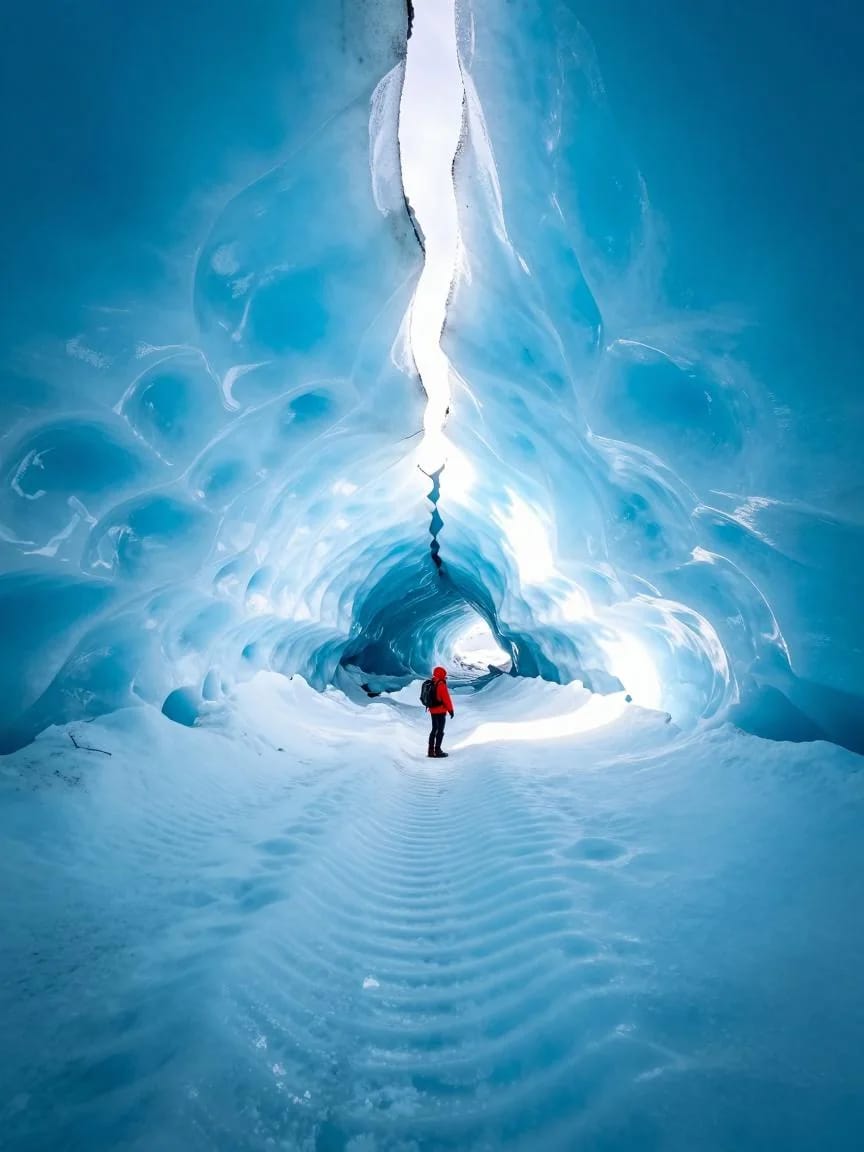 A hiker in a red jacket stands small inside a vast blue glacier cave, sunlight pouring through a crack in the ice ceiling.