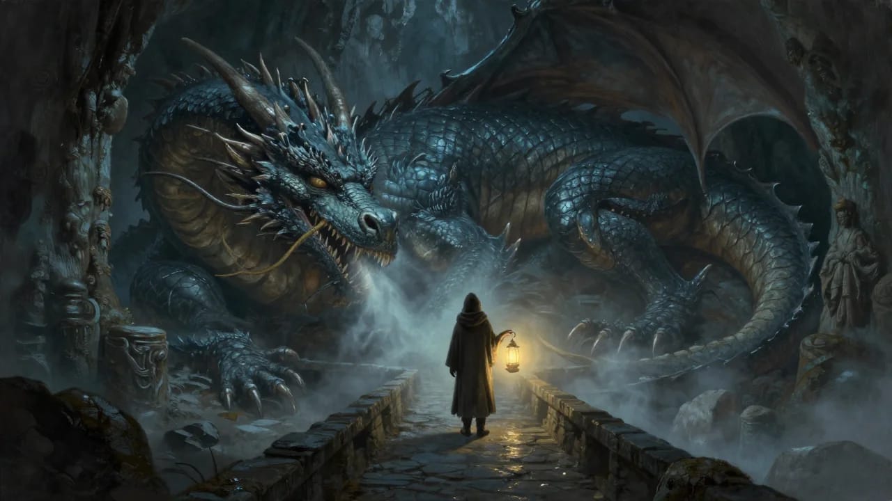 A hooded figure with a lantern stands on a stone bridge in a misty cavern before an enormous coiled dragon.