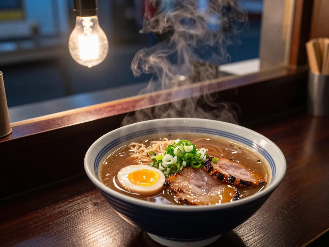 A steaming bowl of ramen with a soft egg, charred pork and scallions on a dark wooden counter under a hanging bulb.