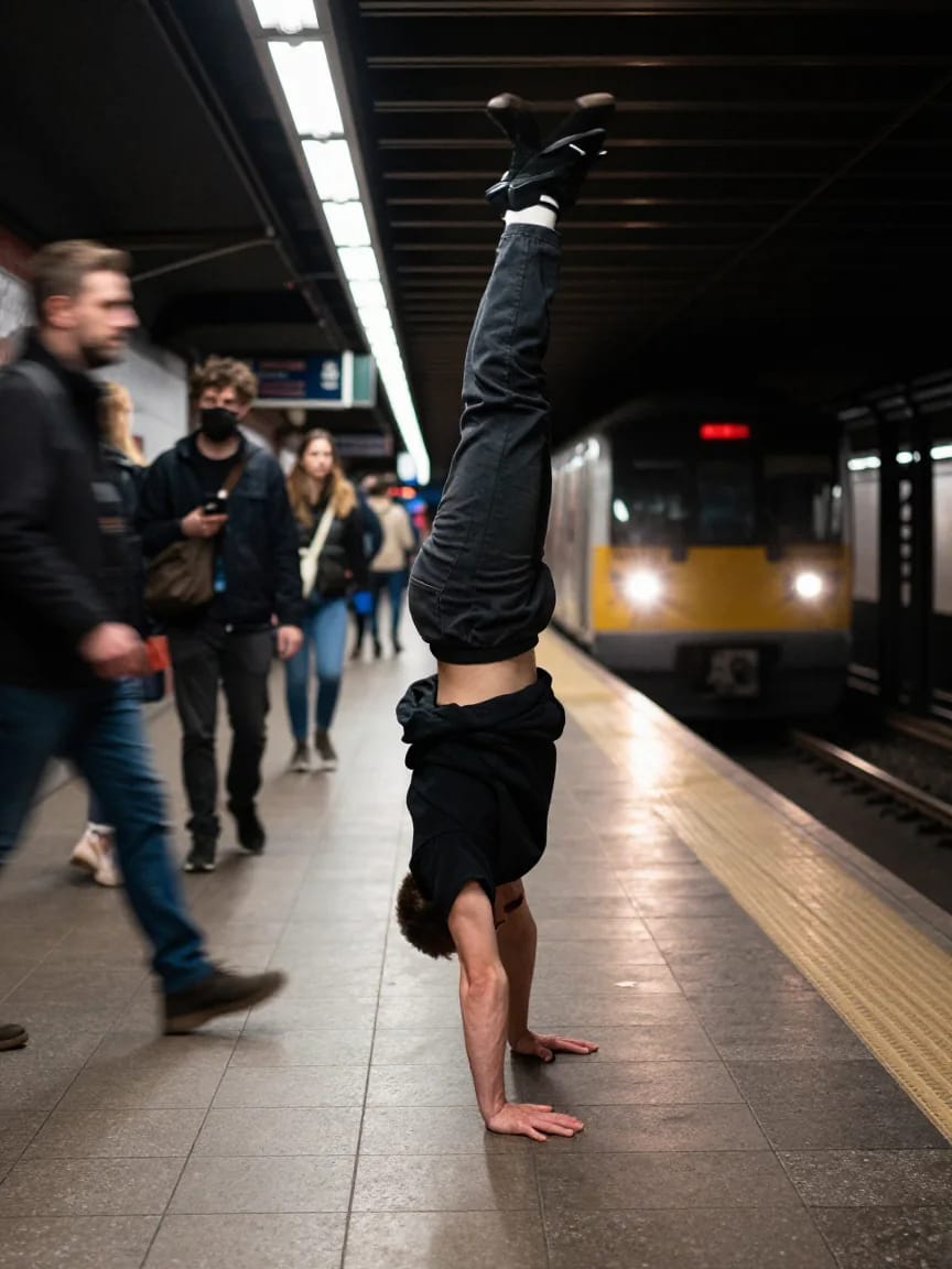 Un breaker si regge a testa in giù su entrambe le mani su una banchina della metro piastrellata, mentre passano i pendolari e arriva un treno.