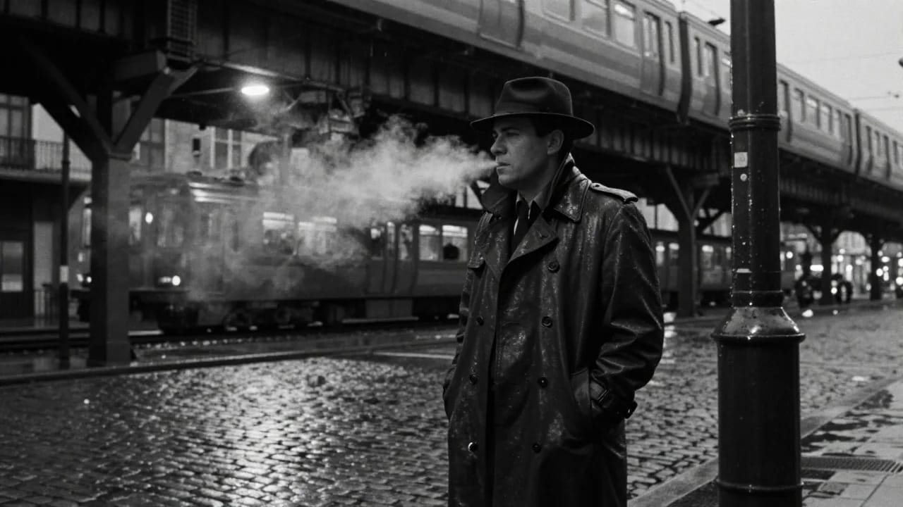 Foto in bianco e nero di un uomo con trench e cappello di feltro sui ciottoli bagnati sotto una ferrovia sopraelevata; il suo fiato si condensa mentre sopra passa un treno.
