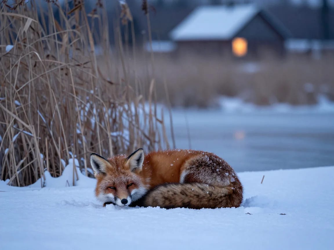 Una volpe rossa dorme acciambellata nella neve fresca accanto a canne ghiacciate, mentre alle sue spalle la finestra di una fattoria brilla calda nell’alba azzurra.