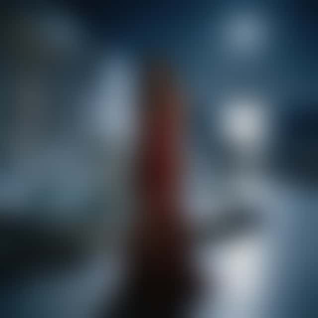 Su una terrazza di marmo al chiaro di luna con una fontana e il mare alle spalle, la camera gira intorno a una donna in un abito di raso rosso a schiena scoperta, di fronte, di profilo e di spalle, mentre lei guarda da sopra la spalla