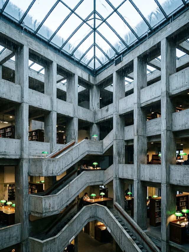 A symmetrical brutalist concrete library atrium with tiered balconies, green desk lamps and a glass roof streaked with rain.