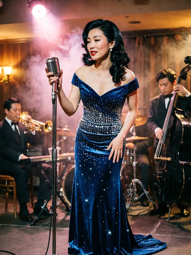 A singer in a sequined midnight-blue gown at a vintage microphone in a smoky supper club, a band blurred behind her.