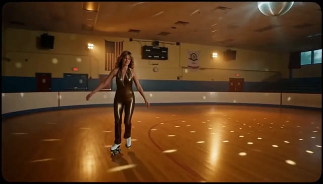 In a warm-lit 1970s roller rink, a woman in a bronze metallic halter jumpsuit skates a lap under a mirror ball and glides backwards with her arms spread