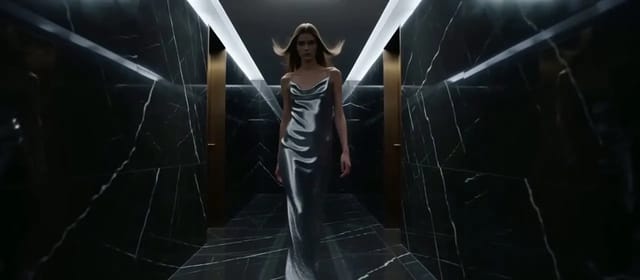 A model in a liquid-silver slip gown walks toward the camera down a black marble corridor under hard strip lights, the fabric rippling with each step