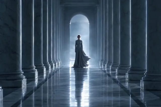 A woman in a silver-grey high-necked gown walks toward the camera down a misty marble colonnade and stops, looking straight into the lens