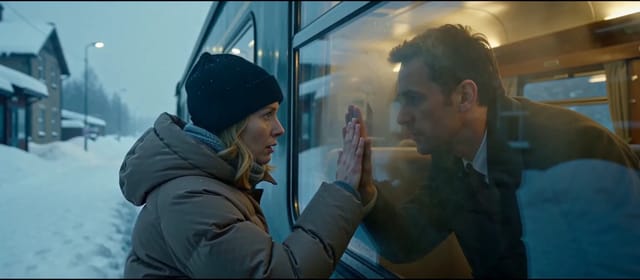 On a snowy platform, a woman in a puffer jacket and beanie presses her palm to a train window against a man's hand inside as the train starts to pull away