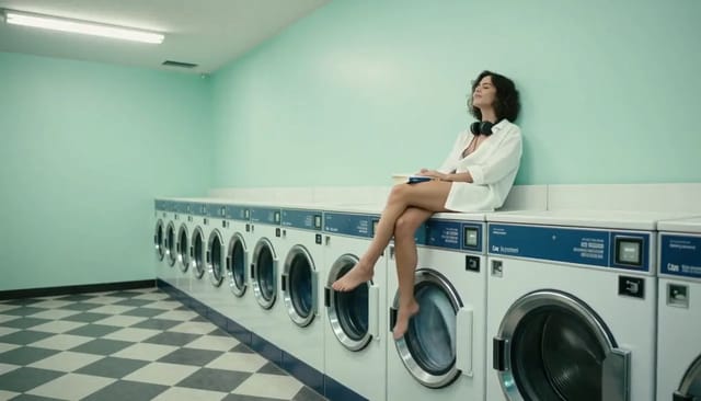 A woman in an oversized white shirt sits on a row of washing machines in a mint-green laundromat, reading a paperback and swinging her bare legs