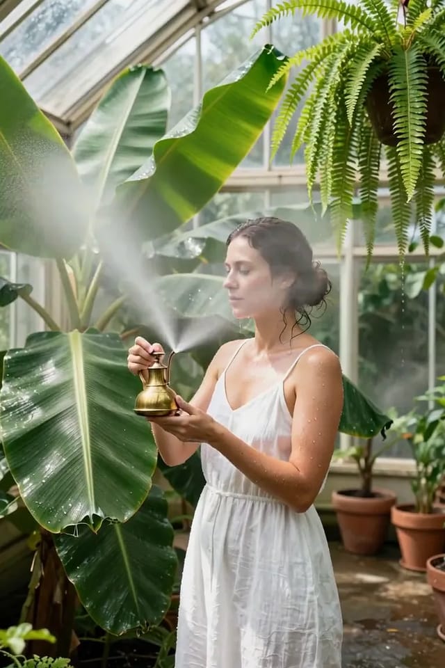 In a humid glasshouse full of banana leaves and ferns, a woman in a white cotton sundress sprays a brass mister, then wipes her brow and turns her face up to the light