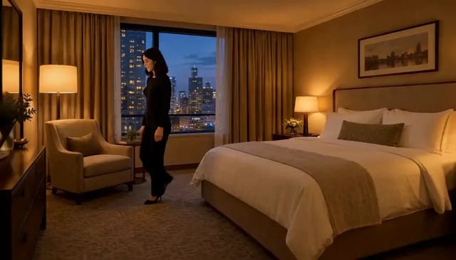 In a warm lamp-lit hotel room at night, a dark-haired woman dressed in black walks to an armchair, sits on its arm, crosses her legs and looks up at the camera