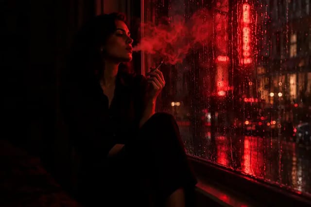 In a dark room, a woman sitting by a rain-streaked window exhales red-lit cigarette smoke, then slowly turns her head toward the camera