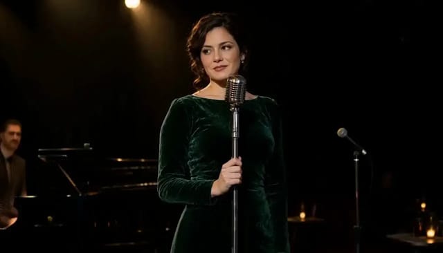 A singer in a green velvet dress at a vintage microphone on a dim club stage