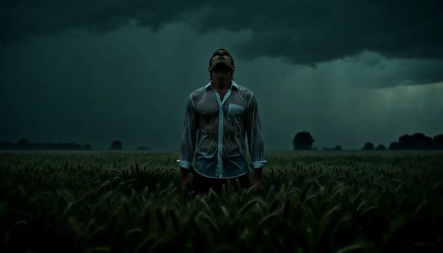 A man in a soaked white shirt stands in a wheat field under a green-black storm sky, head tipped back, lit white for an instant by lightning