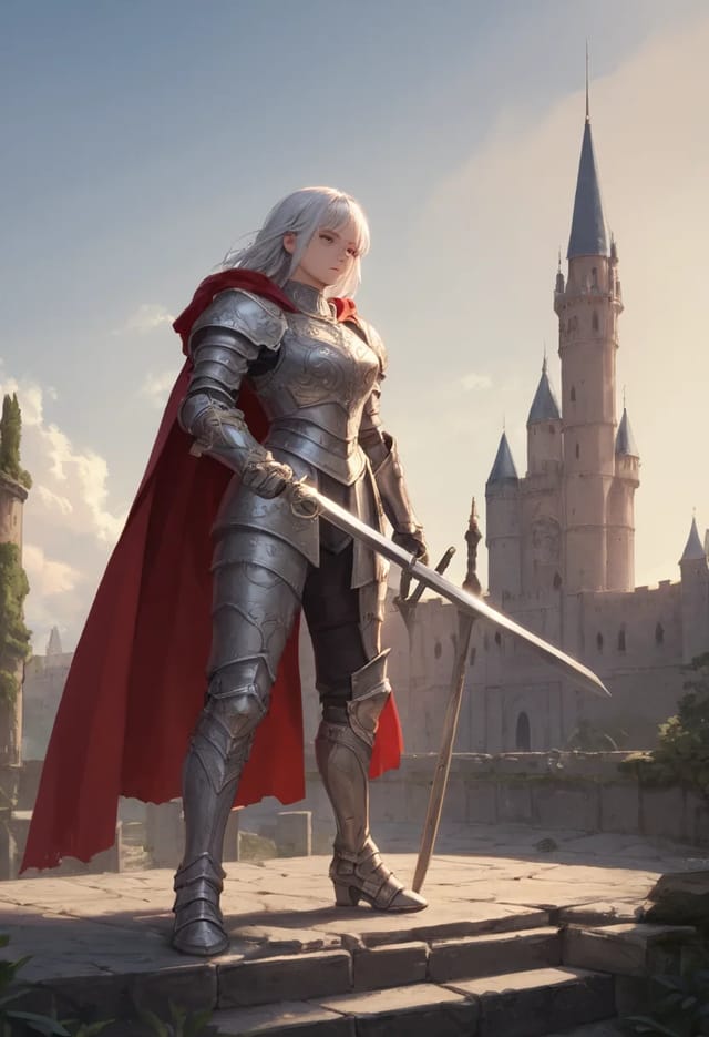 Anime knight with long white hair in silver armour and a red cape on castle ramparts at dawn