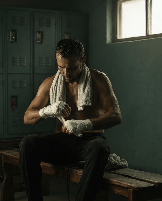 A boxer with a towel around his neck wraps white hand wraps on a wooden bench in an empty locker room at dawn