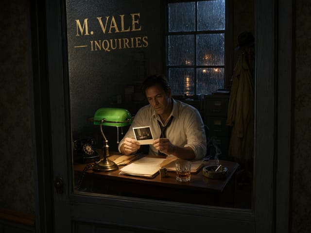 Seen through a glass door lettered M. VALE — INQUIRIES, a man in a loosened tie studies a photo under a green desk lamp.