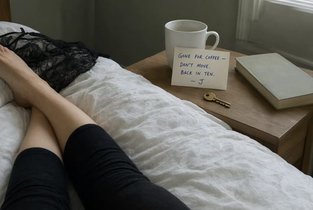 First-person view on a grey morning: a handwritten note propped against a coffee cup on the nightstand.