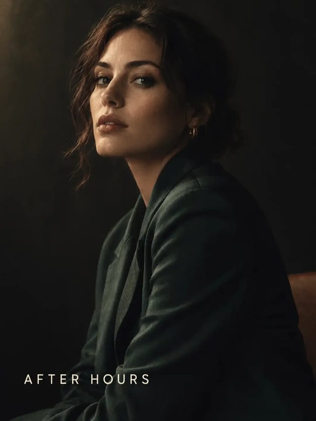 A moody portrait of a woman in a dark green blazer with the cover line AFTER HOURS in small spaced capitals at the bottom left.