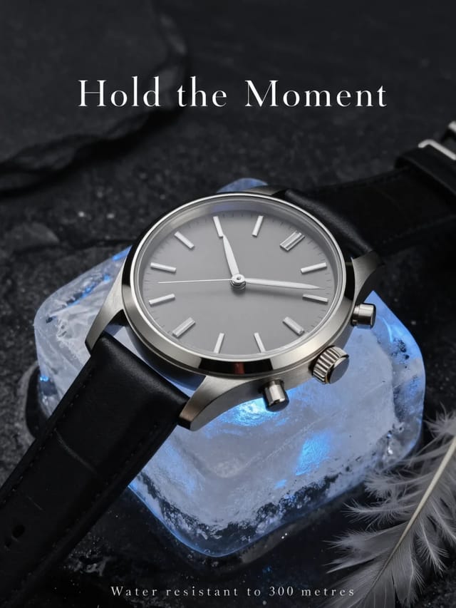 The frozen watch shot laid out as a print ad, with the headline “Hold the Moment” and a line reading “Water resistant to 300 metres”.