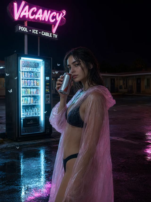 Night motel forecourt: a woman in a translucent pink rain poncho by a lit vending machine under a neon VACANCY sign reading POOL, ICE, CABLE TV