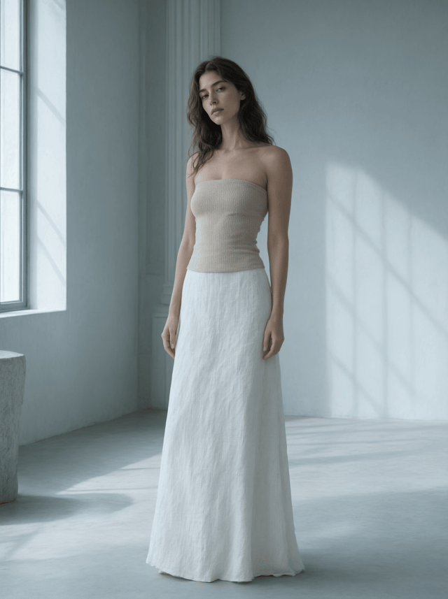 A woman in a sand-beige ribbed tube top and a long white linen skirt stands in a pale studio lit by a north window.