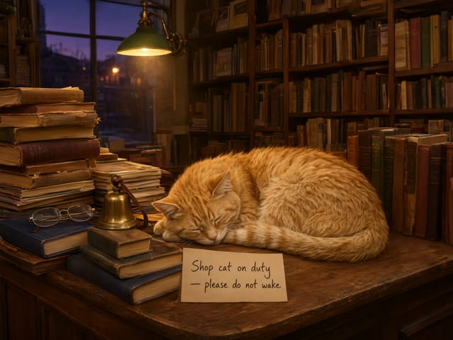 Rudy kot śpi na ladzie księgarni obok mosiężnego dzwonka i kartki z napisem „Shop cat on duty — please do not wake”.