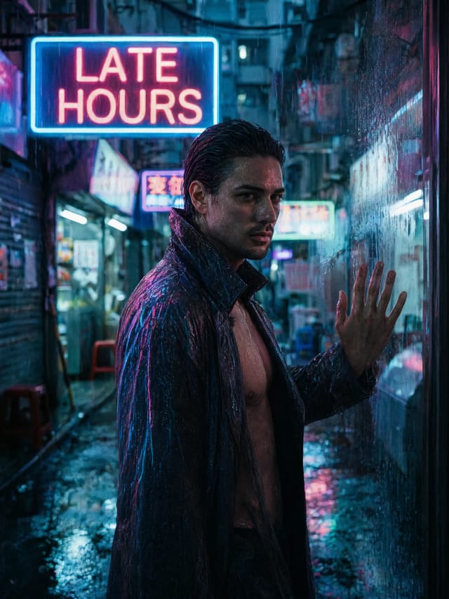 A man in a soaked, open overcoat stands in a rainy neon alley under a sign reading LATE HOURS, one hand on a wet shop window.