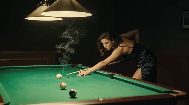 A woman in black satin leans over a green pool table under hanging lamps, breaks the rack, then straightens up and looks toward the camera through drifting smoke