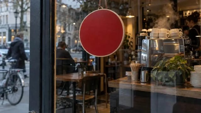 Through a café's glass door, a hand reaches in and turns a red hanging sign from CLOSED to OPEN while steam rises from the espresso machine and cyclists pass outside