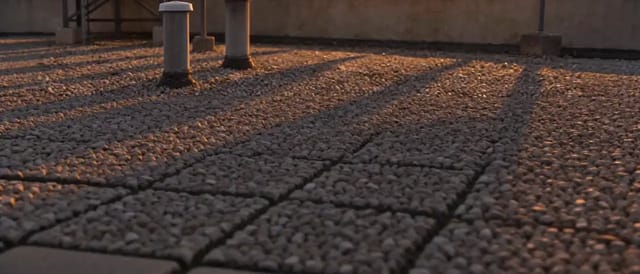 A slow crane rise from rooftop gravel past white laundry on a washing line to a city skyline at sunset, then across a lit stone courtyard at dusk
