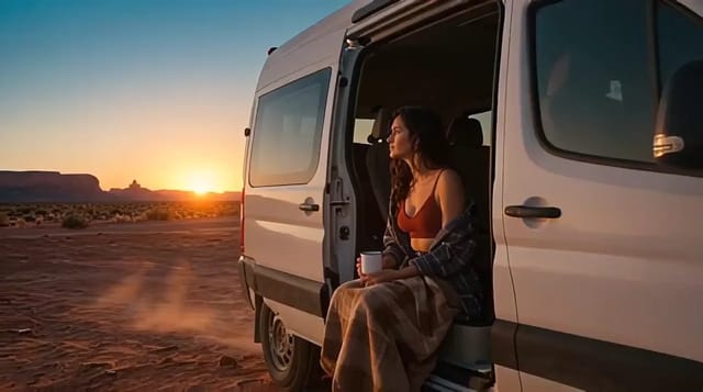 A woman sits in the open side door of a white van in a red crop top and flannel shirt, sipping from a mug as the sun rises over a desert of mesas