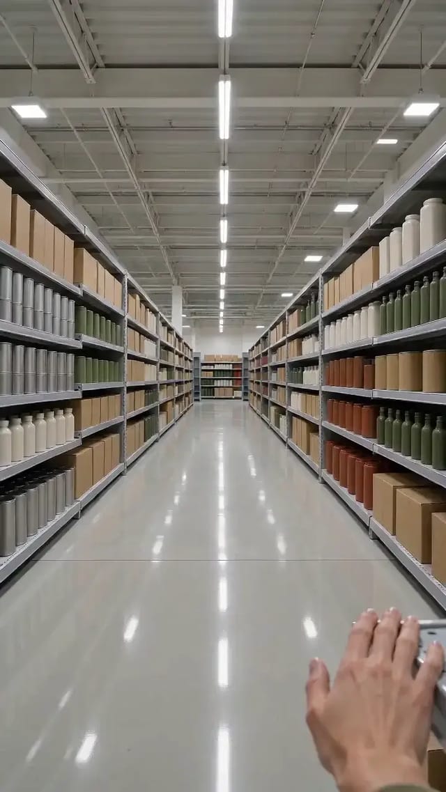 A vertical first-person shot pushing slowly down a bright warehouse aisle lined with shelves of bottles and boxes, one hand trailing along the shelf