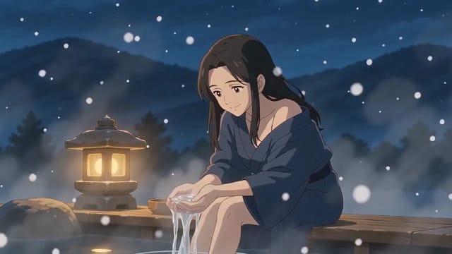 Cel-shaded anime night scene: a woman in a loose navy yukata sits on the wooden lip of a steaming outdoor hot spring, her feet in the water, cupping a handful of water and letting it fall as snow drifts past a stone lantern