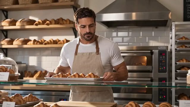 A bearded baker in a white T-shirt and linen apron slides a tray of croissants into a bakery display case and looks up with a smile