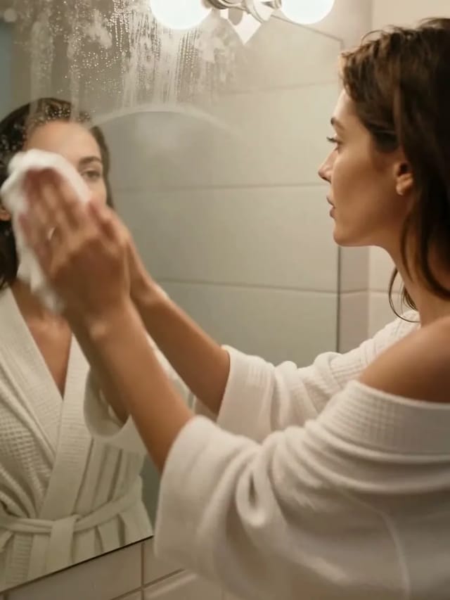 A woman in a loosely tied waffle robe wiping a streak through a fogged bathroom mirror and leaning toward her reflection
