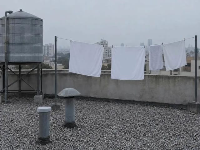 A locked-off rooftop view: white laundry on a washing line beside a water tower go from flat grey dawn to an orange sunset, shadows stretching across the gravel
